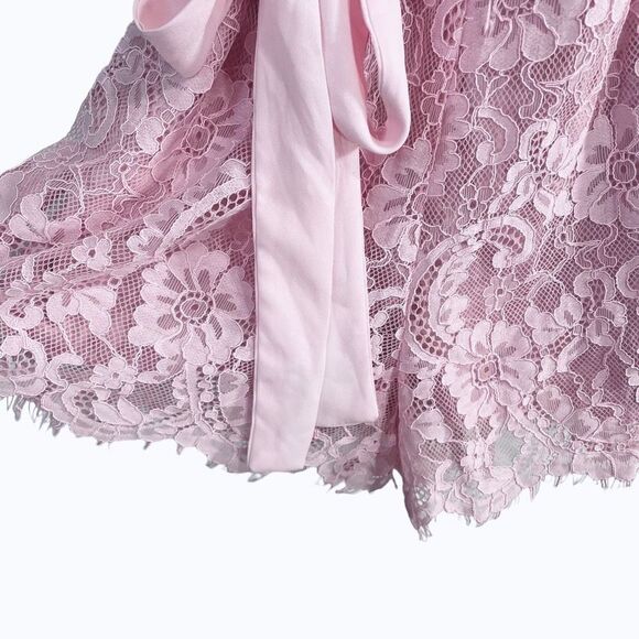 Francesca’s Lace Overlay Pink Floral Wrap Babydoll Mini Dress Women’s Small - Picture 4 of 10